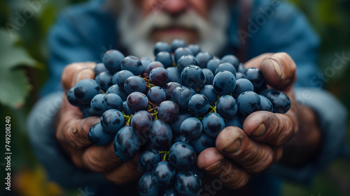 Close-up shot of weathered farmer hands gently harvesting ripe grapes in a sunlit vineyard. Neural network generated image. Not based on any actual scene or pattern.