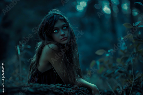 Fantasy horror scene of a werewolf girl with yellow glowing eyes in a dark night forest with copy space