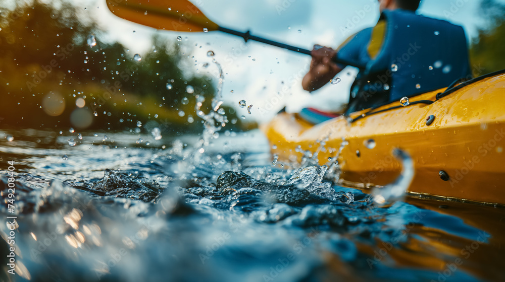 Naklejka premium Dynamic kayaking on a sparkling waterway.