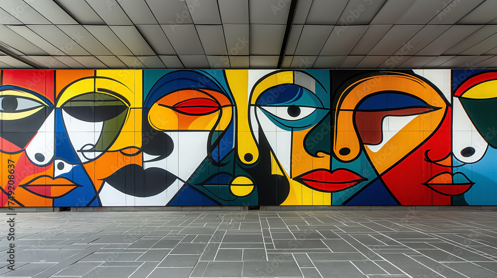 Naklejka premium Colorful street art of abstract faces.