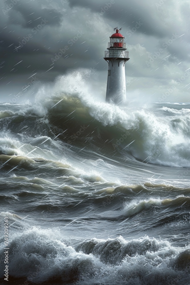 A lighthouse stands tall in the midst of a turbulent ocean during a powerful storm.