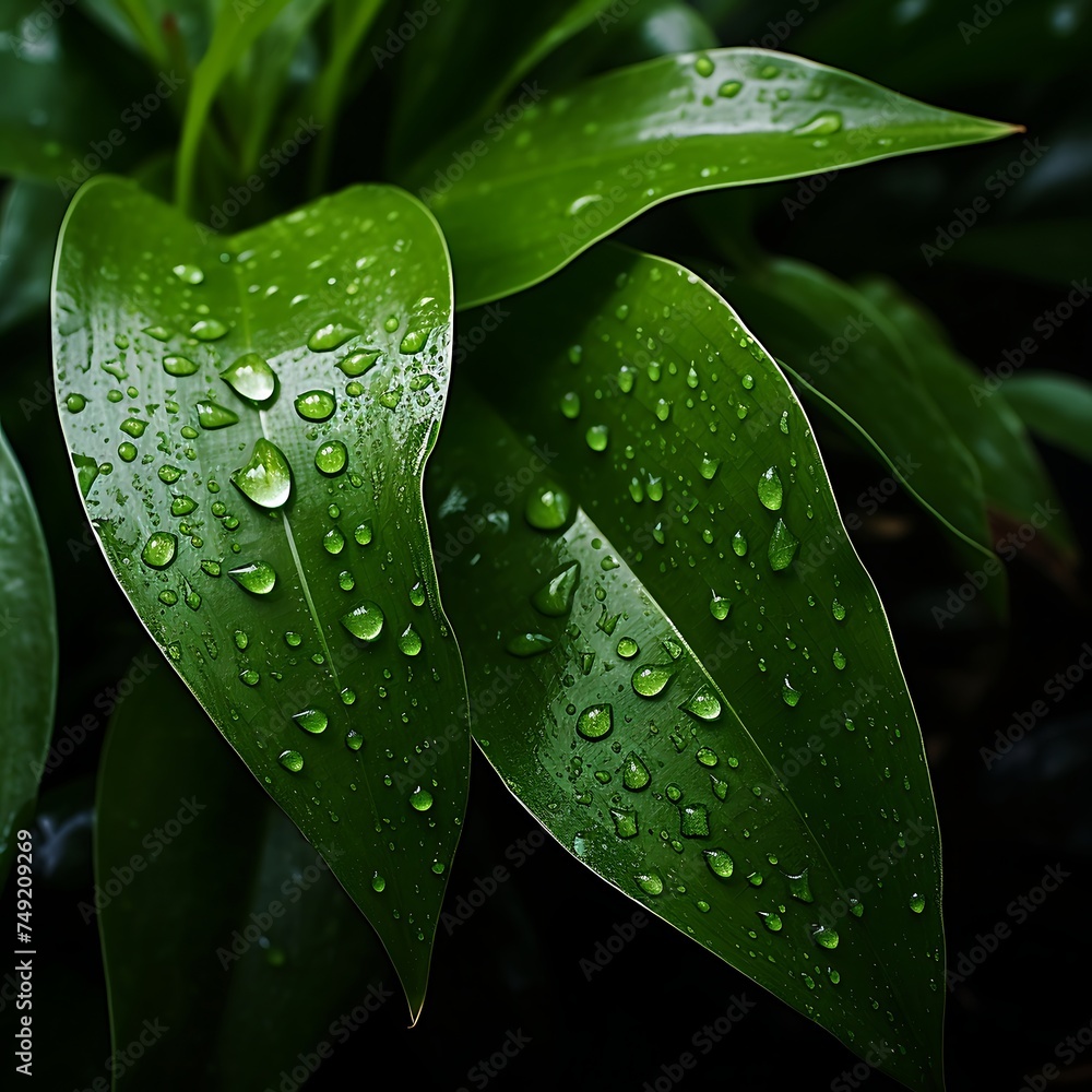 Green leaves with water drops, close up. Natural background Green leaves with water drops, close up. Natural background