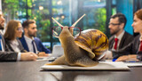 snail in a meeting, calm, quiet, slow, leisurely, person, business, office, man, computer, indoor, working, conference, cooperation, planning, serious, strategy, worker, communication, alone, 