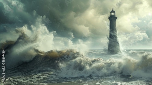 A striking image capturing a grand lighthouse surrounded by the vastness of the ocean.