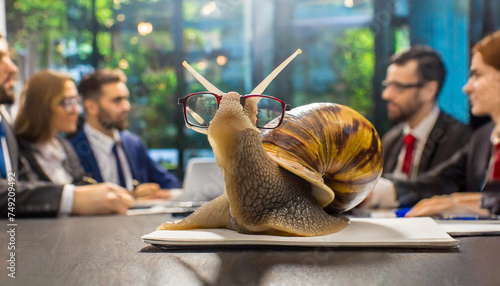 snail in a meeting, calm, quiet, slow, leisurely, person, business, office, man, computer, indoor, working, conference, cooperation, planning, serious, strategy, worker, communication, alone,  photo