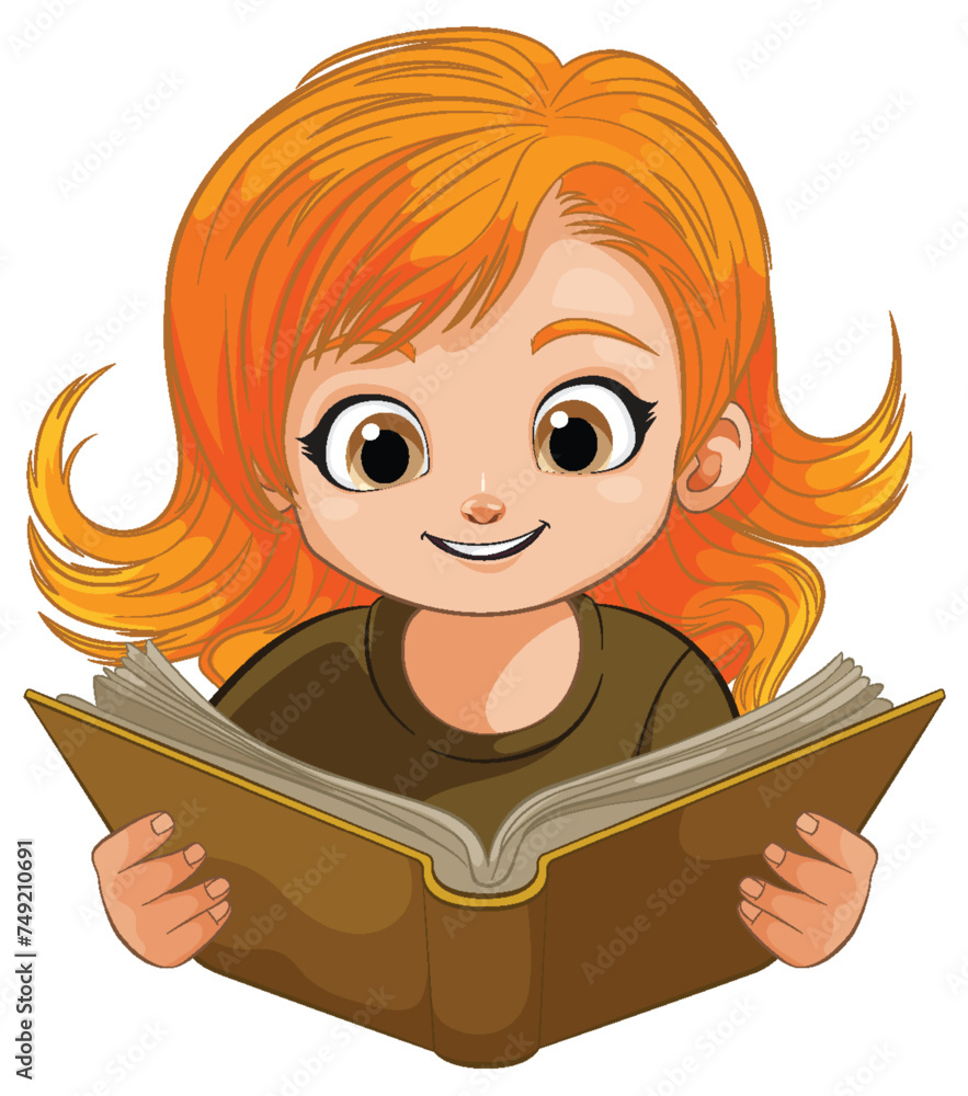 Animated girl with book, smiling, happy expression. Animated girl with book, smiling, happy expression.