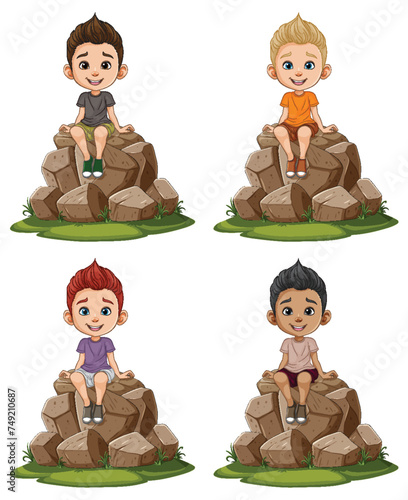Four cartoon kids smiling on stone piles