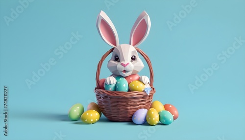 Easter bunny with a wicker basket full of colorful easter eggs on pastel blue background