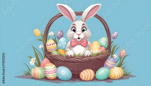 Easter bunny with a wicker basket full of colorful easter eggs on pastel blue background