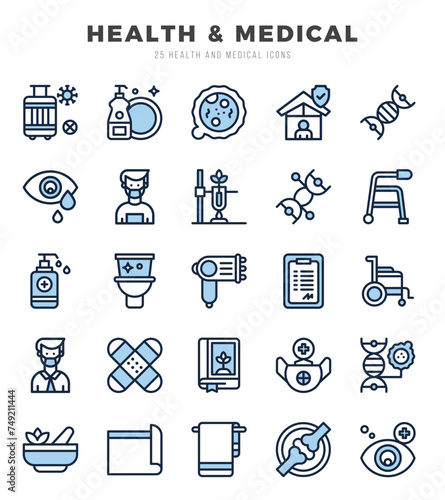Collection of HEALTH & MEDICAL 25 Two Color Icons Pack.