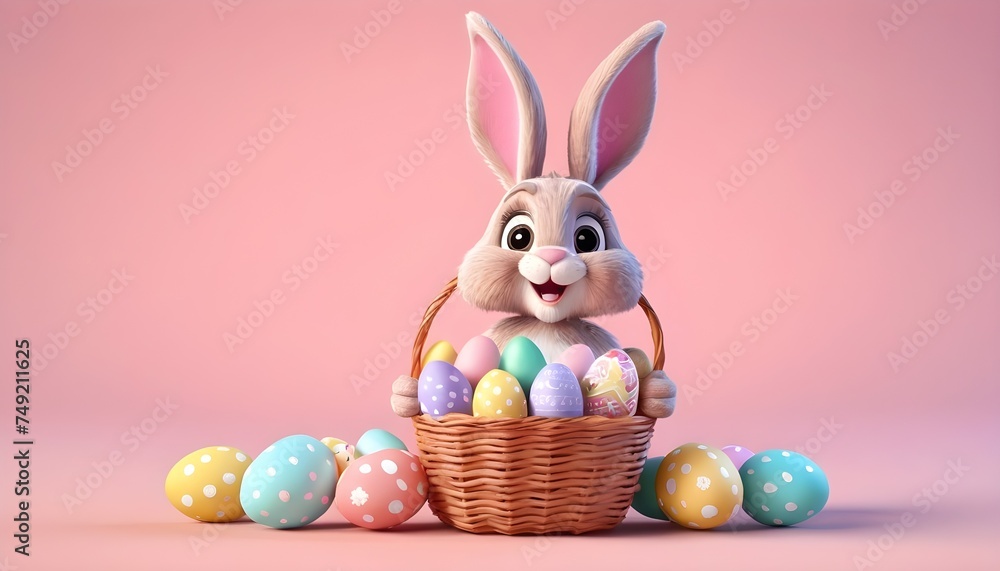 Easter bunny with a wicker basket full of colorful easter eggs on pastel pink background