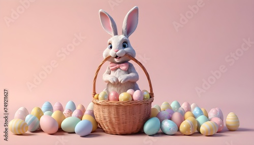 Easter bunny with a wicker basket full of colorful easter eggs on pastel pink background