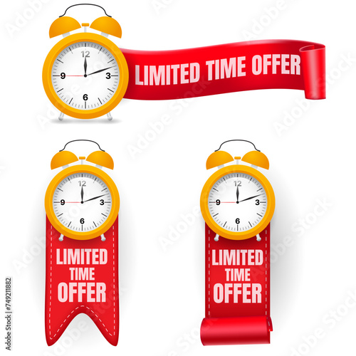 limited time offer sign bundle with 3d orange alarm clock and red ribbon. vector illustration