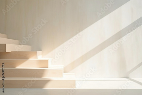 Minimalist Scandinavian stairs adorned with subtle beige hues  complemented by natural wood elements and soft ambient lighting.