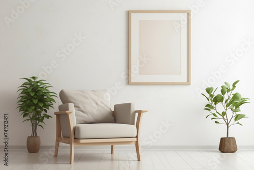Beige armchair in a Scandinavian living room with a potted plant, facing an empty frame for text.
