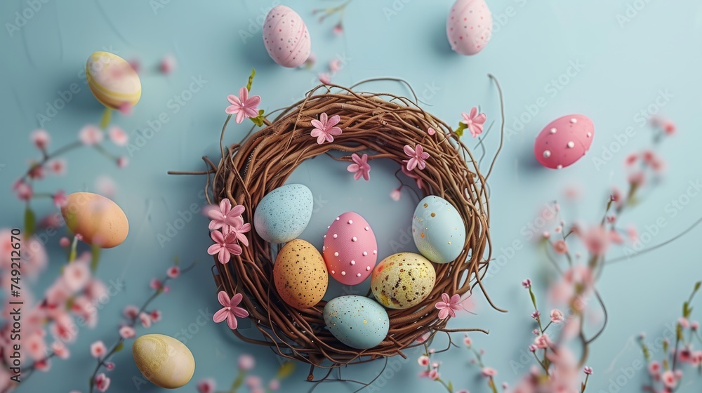 Pastel-colored Easter eggs laying on a wicker wreath with blooming cherry on a light pastel background. Festive greeting card, traditional spring flowers. Flat lay, mockup, template, top view