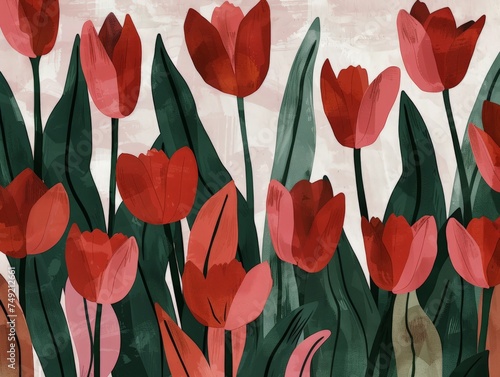 A painting depicting vibrant red tulips against a crisp white background, showcasing the beauty and simplicity of nature.