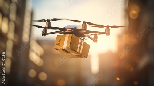 A drone with four rotors carries a package with a delivery icon, flying against a sunset city backdrop