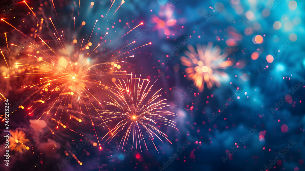 Fototapeta premium Fireworks light up the sky with red, blue, and gold colors. The background is filled with dark blue and red lights.