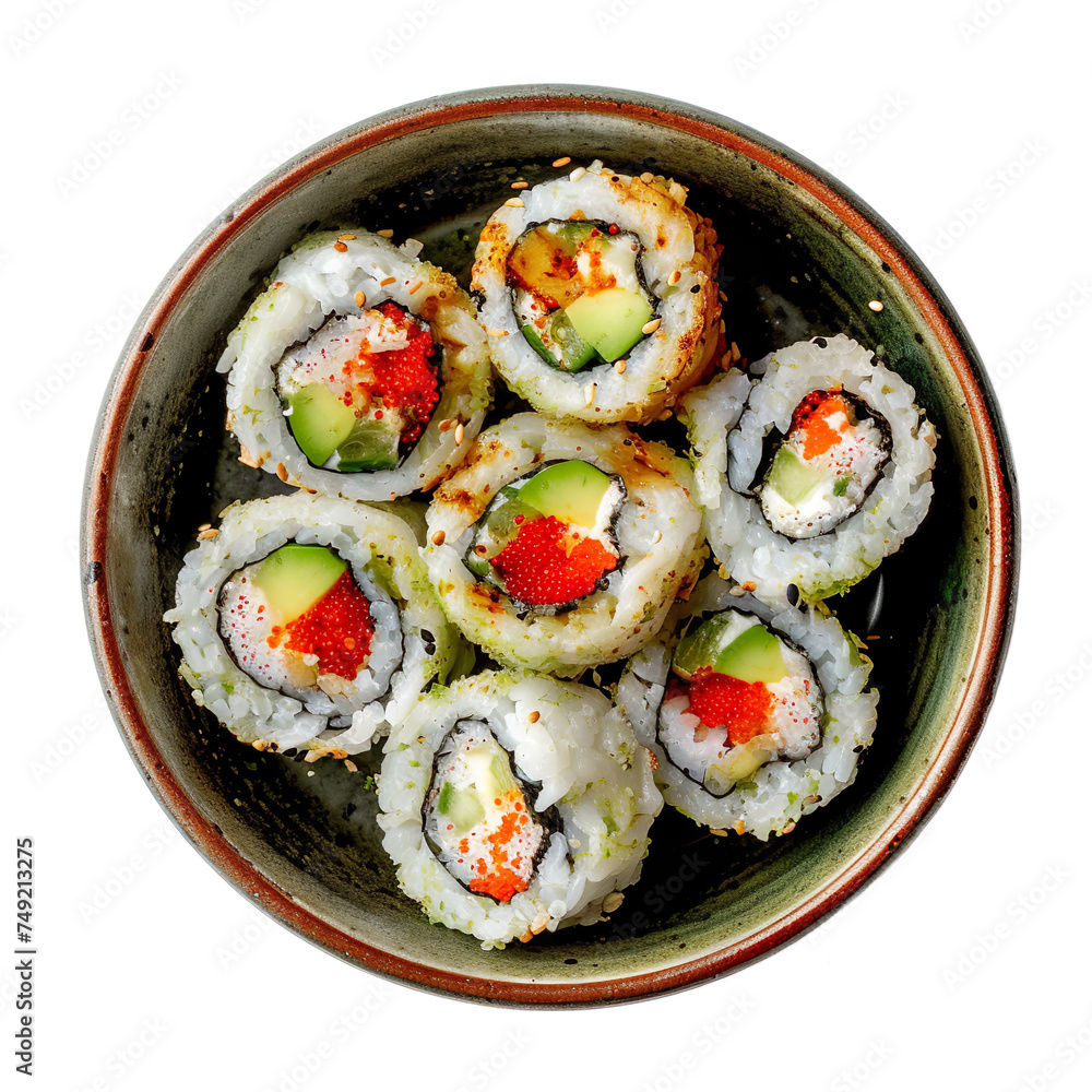 top view of a flavorful Wasabi Tobiko Roll on an authentic Japanese stoneware, food photography style isolated on a transparent white background. top view of a flavorful Wasabi Tobiko Roll on an authentic Japanese stoneware, food photography style isolated on a transparent white background.