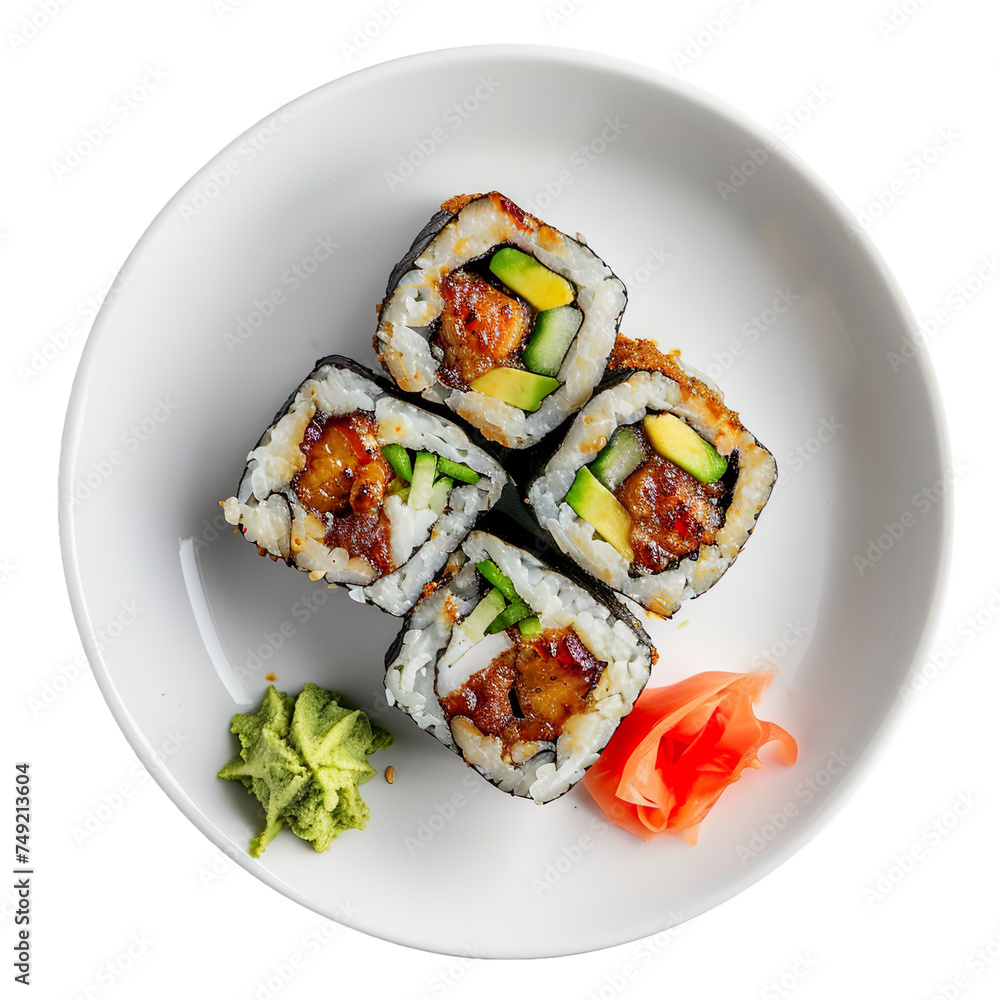 top view of a mouthwatering Eel and Avocado Roll on a minimalist Japanese dish, food photography style isolated on a transparent white background. top view of a mouthwatering Eel and Avocado Roll on a minimalist Japanese dish, food photography style isolated on a transparent white background.