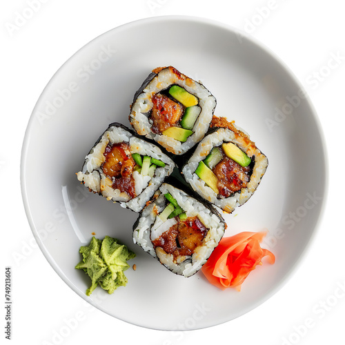 top view of a mouthwatering Eel and Avocado Roll on a minimalist Japanese dish, food photography style isolated on a transparent white background. 
