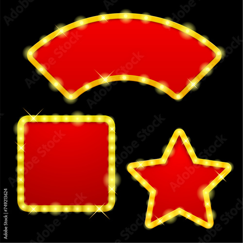 A set of red signage framed by a yellow illuminated border in 3D style on a black background. Vector illustration © Raman Maisei
