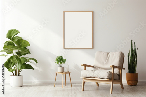 HD photograph of a Scandinavian-style living space with a single chair, plant, and an open frame for your creative text.
