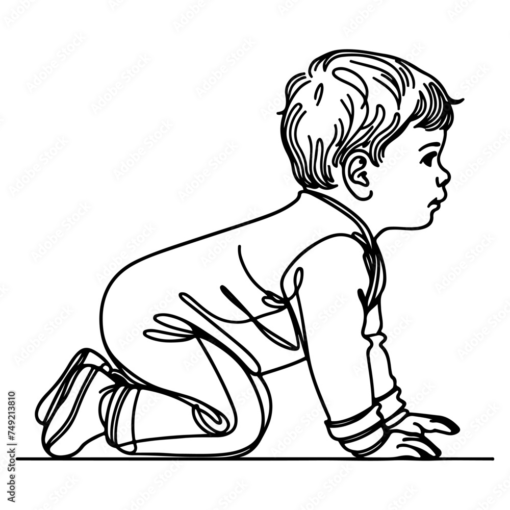 Continuous one black line art hand drawing child crawling doodles outline cartoon style coloring page vector illustration on white background Continuous one black line art hand drawing child crawling doodles outline cartoon style coloring page vector illustration on white background