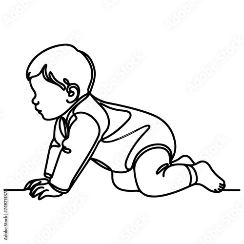 Continuous one black line art hand drawing child crawling doodles outline cartoon style coloring page vector illustration  on white background