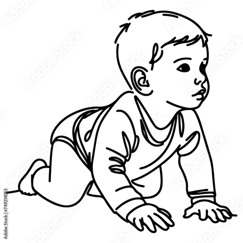 Continuous one black line art hand drawing child crawling doodles outline cartoon style coloring page vector illustration  on white background