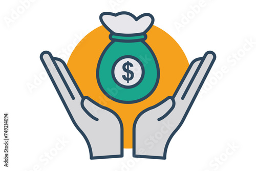 bonus icon. hand with money bag. Great for illustrating monetary bonuses, perks, and employee motivation in business contexts. flat line icon style. element illustration