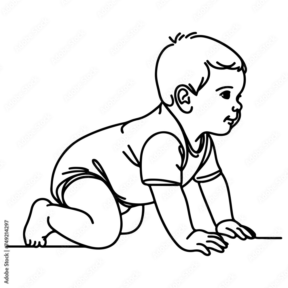 Continuous one black line art hand drawing child crawling doodles outline cartoon style coloring page vector illustration on white background Continuous one black line art hand drawing child crawling doodles outline cartoon style coloring page vector illustration on white background