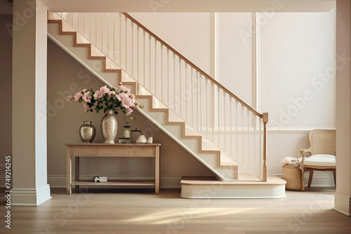 Tranquility finds its home in the understated elegance of a beige staircase  bathed in the soothing embrace of Scandinavian-inspired hues.