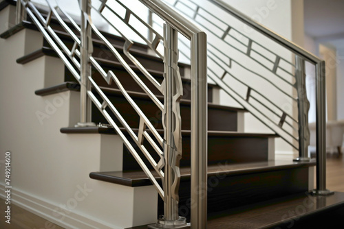 Contemporary staircase with sleek stainless steel railings, embodying modern sophistication.