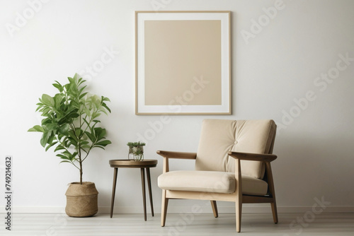 Find peace in the calm ambiance of a beige living room with a solitary wooden chair, a verdant plant, and an empty frame awaiting your words.
