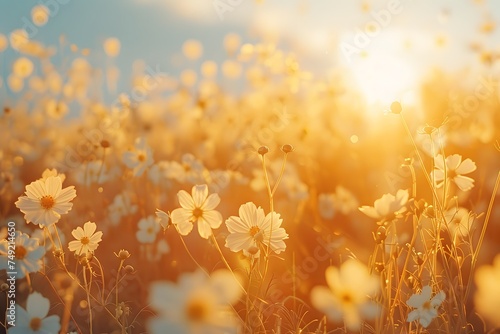 Background illustration about spring. There are flowers in the meadow in the beautiful morning sunlight with a blurred background makes you feel refreshed and want to create new things or start over.