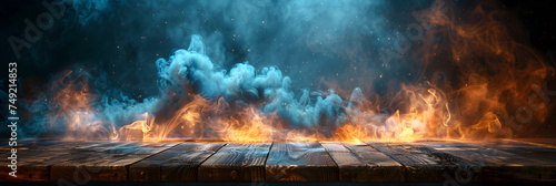 Fire in the fireplace with blue smoky background, Dark Abstract Empty Wooden Table Top with Smoke photo