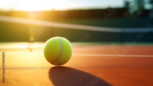 Tennis ball on tennis court at sunset