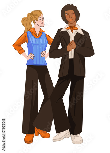 Man and woman, couple wearing clothes of 1970s