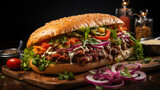 A delicious long and narrow burger bun, filled with pulled pork meat, salad, pickles, fried onions, red onion pieces, sauces and other delicious ingredients.