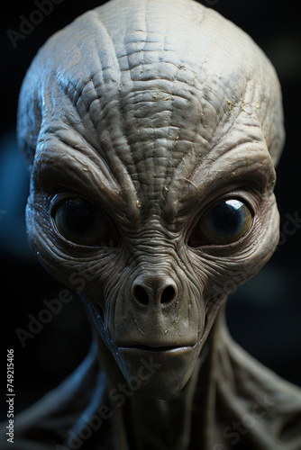 A classic ET grey alien, full body visible, head to toe, lean limbs, very large cranium, grey skin, large eyes.