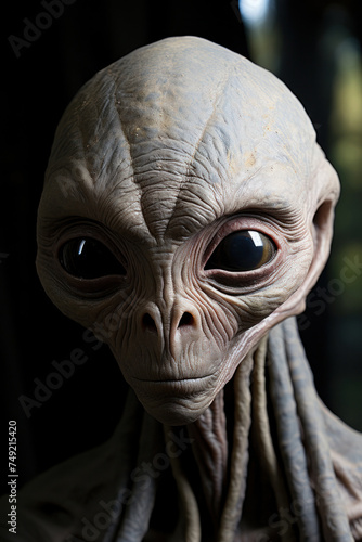 A classic ET grey alien, full body visible, head to toe, lean limbs, very large cranium, grey skin, large eyes.