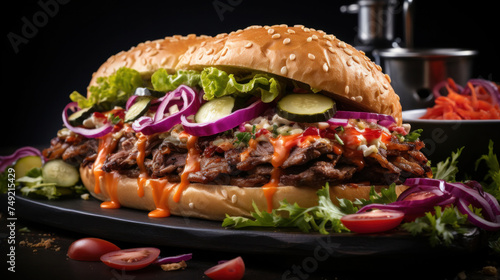 A delicious long and narrow burger bun, filled with pulled pork meat, salad, pickles, fried onions, red onion pieces, sauces and other delicious ingredients.