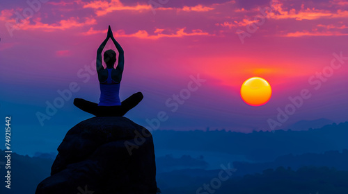 Silhouette of woman practicing yoga on top of mountain at sunset