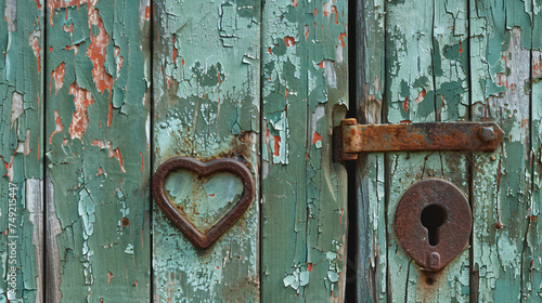 Old grungy green wooden door with peeling paint.