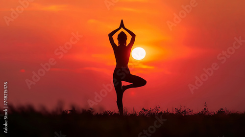 Silhouette of young woman practicing yoga at sunset, healthy lifestyle