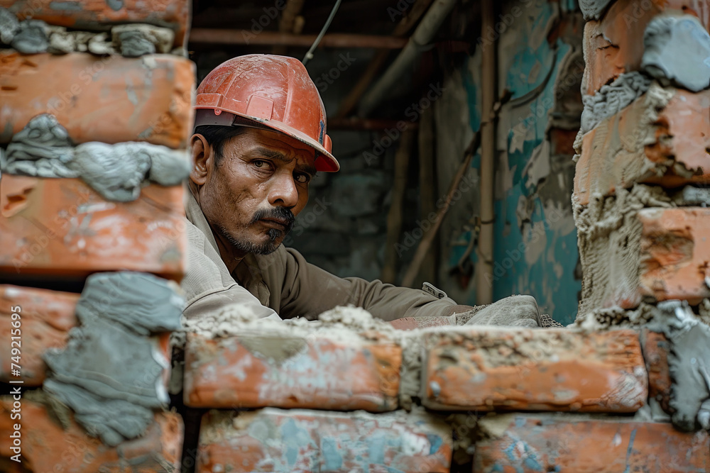 A construction worker laying bricks or cement blocks in a wall