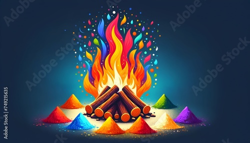 Illustration representing holika dahan with a bonfire and colorful powders. photo