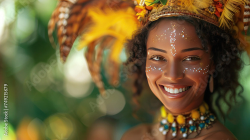A girl smiling in a carnival open costume with feathers at a carnival in Brazil.